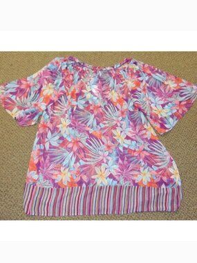 Into The Bleu Swim Coverup Womens M Pink Floral Hibiscus Chiffon Kimona